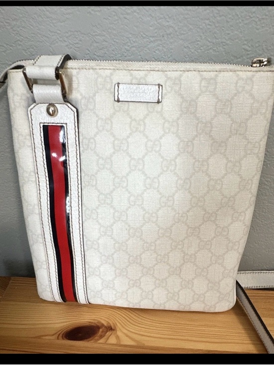 Gucci Handbags - Gucci Cream Signature Crossbody with Red and Navy Stripe